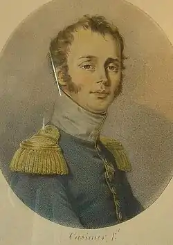 Portrait ovale et en buste d'un colonel français de Napoléon, vêtu d'un habit bleu avec ornements en or.