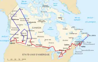 Carte du Canada montrant le parcours de la flamme olympique