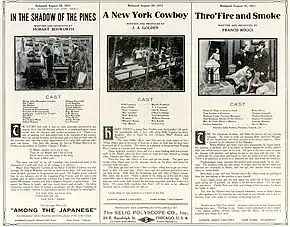 Description de l'image Release flier for IN THE SHADOW OF THE PINES, 1911 ; A NEW YORK COWBOY, 1911 ; THRO' FIRE AND SMOKE, 1911.jpg.