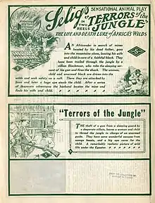 Description de l'image Release flier for TERRORS OF THE JUNGLE, 1913 (Page 1).jpg.