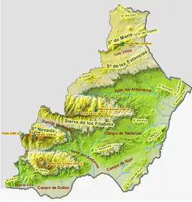 Carte de la province d'Almería représentant l'extrémité orientale de la sierra de los Filabres, à l'ouest.