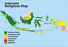 Carte géographique de l'Indonésie, colorée en fonction du groupe religieux majoritaire de chaque région.