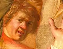 Peinture en couleurs. Gros plan sur le visage d'un jeune homme en colère. Tons très rougeâtres et orangeâtres.