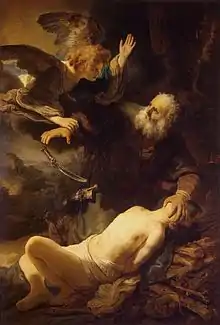 peinture montrant un homme sur le point d'égorger un garçon, arrêté par un ange qui fait tomber son couteau.