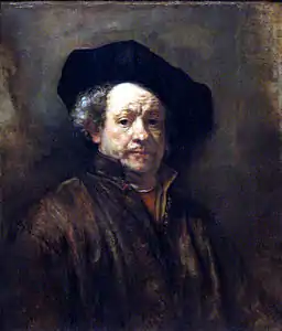 Autoportrait, de Rembrandt (1660). Son utilisation de l'impasto a certainement été inspirée par Titien, et cet ajout a permis à l'artiste d'inclure une nouvelle méthode d'illusion et d'exploitation de la lumière,,.