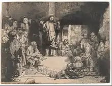 Gravure représentant le Christ au centre de la composition, les mains écartées en attitude de prêche devant une assemblée, dans la rue.