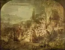 Tableau représentant Jean-Baptiste prêchant à une grande foule en contrebas et autour de lui, en extérieur.