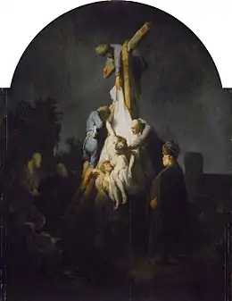 Rembrandt, Descente de croix, 1632-33 avec une représentation littéralement terre à terre (en bas à gauche)