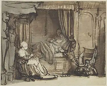 Rembrandt, Intérieur avec Saskia alitée, dessin, 142 × 177 mm, vers 1640. Acquis en 1919.