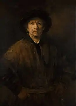 Peinture en couleurs. Un homme se tient debout, fait face au spectateur les mains sur les hanches, dans une tenue de travail et avec un chapeau sur un fond sombre.