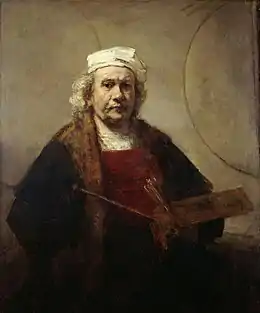 Peinture en couleurs. Un homme un peu âgé fait face au spectateur. Il porte une toque blanche sur la tête, un haut rouge et un pardessus noir et marron. Derrière lui, deux grands cercles sont dessinés sur un mur.