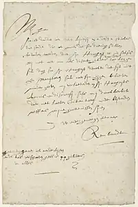 Rembrandt, lettre à Contantijn Huygens, Amsterdam, janvier 1639. Acquise en 1918.