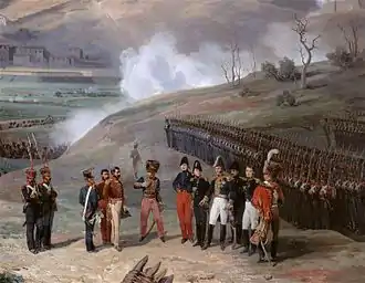 Au premier plan, un général entouré de ses officiers reçoit un parlementaire, avec au fond une ville assiégée.