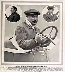 Photo parue dans un journal montrant un homme au volant d'une voiture, en train de prendre la pause.(René Thomas, le vainqueur de la course).