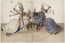 Combat à cheval entre le duc de Bretagne et le duc de Bourbon, f.45v-46r.