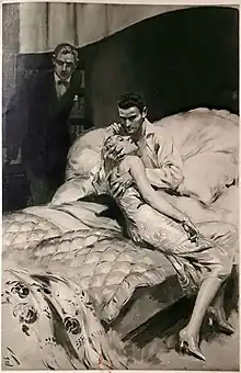 dessin en noir et blanc d'une homme alité tenant une femme dans ses bras.