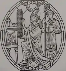 Carton en noir et blanc d'un vitrail ; un évêque agenouillé présente une verrière.