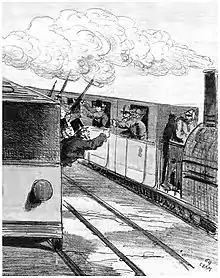 Dessin en noir et blanc montrant deux trains se croisant ; à leurs fenêtres, des hommes s'invectivent.