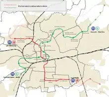 Extensions du métro autrefois envisagées, en pointillés.