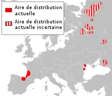 Carte de l'Europe avec les aires de répartition du Vison d'Europe.