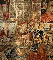 La nef de table en tapisserie de Tournais tiré de Repas de banquet, XVe siècle.