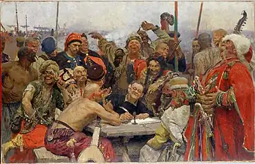 Les Cosaques zaporogues écrivant une lettre au sultan de Turquie (1893), Répine