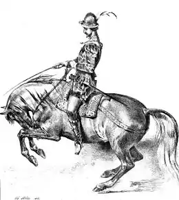Gravure d'un homme en costume de gentilhomme monté sur un cheval effectuant une levade, la tête entre les antérieurs.