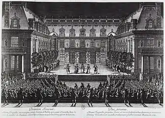 Représentation du ballet Alceste de Jean-Baptiste Lully dans la cour de Marbre du château de Versailles, le 4 juillet 1674.