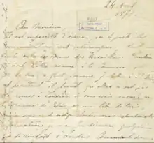 Reproduction de la lettre manuscrite du 24 avril 1871 d'Élisabeth Dmitrieff à Karl Marx.