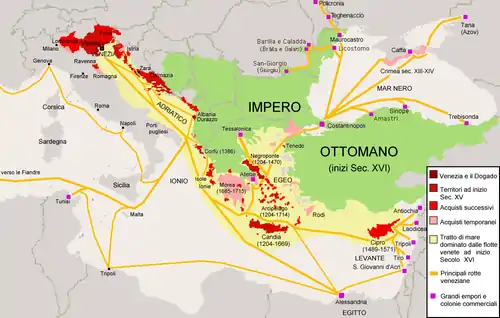 Carte couleur présentant les possessions vénitiennes et ottomanes en Méditerranée orientale.