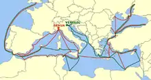 carte montrant les routes commerciales génoises et vénitiennes