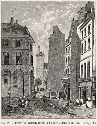 Derniers vestiges du Grand Châtelet rue de la Saulnerie (1855).