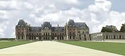 belle perspective colorée d'un château à la française, avec vaste pelouse et avenue