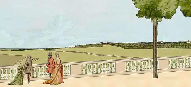 Vue panoramique depuis le bassin d'Orly du château de Choisy, début du XVIIIe siècle.