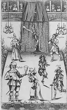 Frontispice d'un recueil de 1662 montrant les personnages sur scène