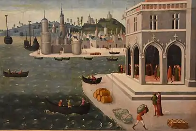 Évocation de la Loge de Mer de Perpignan et du port de Collioure. Retable de la Trinité (1489).