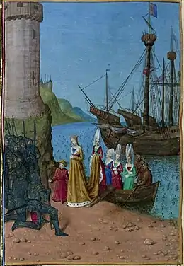 Jean Fouquet, Isabelle de France débarque à Harwich, miniature des Grandes Chroniques de France (1455-1460), Paris, BnF.