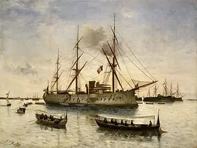 Retour des cendres de l'amiral Courbet aux Salins d'Hyères en 1885 sur le Bayard (1885), Paris, musée national de la Marine.