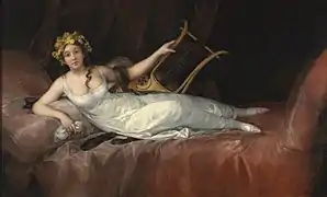 peinture : une femme, allongé sur un sofa, habillée d'une robe blanche et portant sur la tête une couronne faite de feuilles et de grappe de raisin, tient une lyre dans sa main gauche tout en regardant le spectateur.