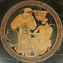Courtisane remettant son himation sous les yeux de son client ; Euphronios (potier, signé) et Onésimos (peintre),v. 490 av. J.-C.