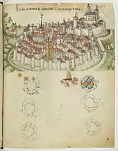 La ville et le château de Montbrison dans l'armorial de Guillaume Revel, vers 1450.