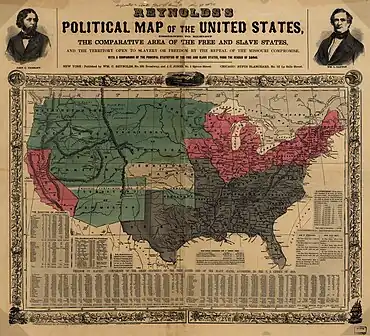 La carte de Reynolds (1856) fait apparaître les États esclavagistes en gris, les États abolitionnistes en rouge et les territoires américains en vert. Le Kansas, encore incertain, n'est pas coloré.