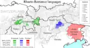 Aire de diffusion du frioulan au sein des langues rhéto-romanes.