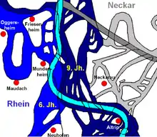 Le cours filamentaire de l'ancienne embouchure du Neckar.