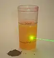 La rhodamine 6G dissoute dans du méthanol, émet une lumière jaune sous illumination d'un laser vert.