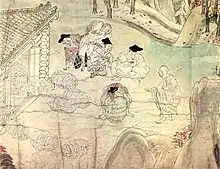 Peinture. Un moine bouddhique pointe son bol doré sur le sol. Un homme dépose un sac de riz dans ledit bol. Quatre autres hommes observent. Le reste des sacs de riz commencent à s'envoler.