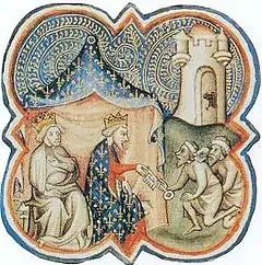 Miniature médiévale représentant deux monarques sous une tente recevant une clé avec un château-fort au loin