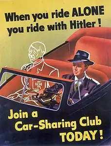 Aux États-Unis la promotion du car sharing a commencé dans les années 1940, avec des encouragement plus forts aux États-Unis durant la Seconde Guerre mondiale, alors que le carburant manquait. De archive.org : « Lorsque vous voyagez seul, vous voyagez avec Hitler ! ». Par Weimer Pursell, 1943, imprimé par le bureau d'imprimerie gouvernementale, Prix NARA.