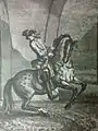 Gravure représentant un cavalier et son cheval dans une piroutte, le cheval fléchi sur ses postérieurs, le tête excessivement fléchie vers la droite.