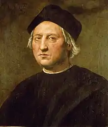 Portrait présumé de Christophe Colomb, attribué à Ridolfo del Ghirlandaio : yeux bleus, visage allongé au front haut, nez aquilin, menton orné d'une fossette, cheveux devenus blancs dès l'âge de 30 ans